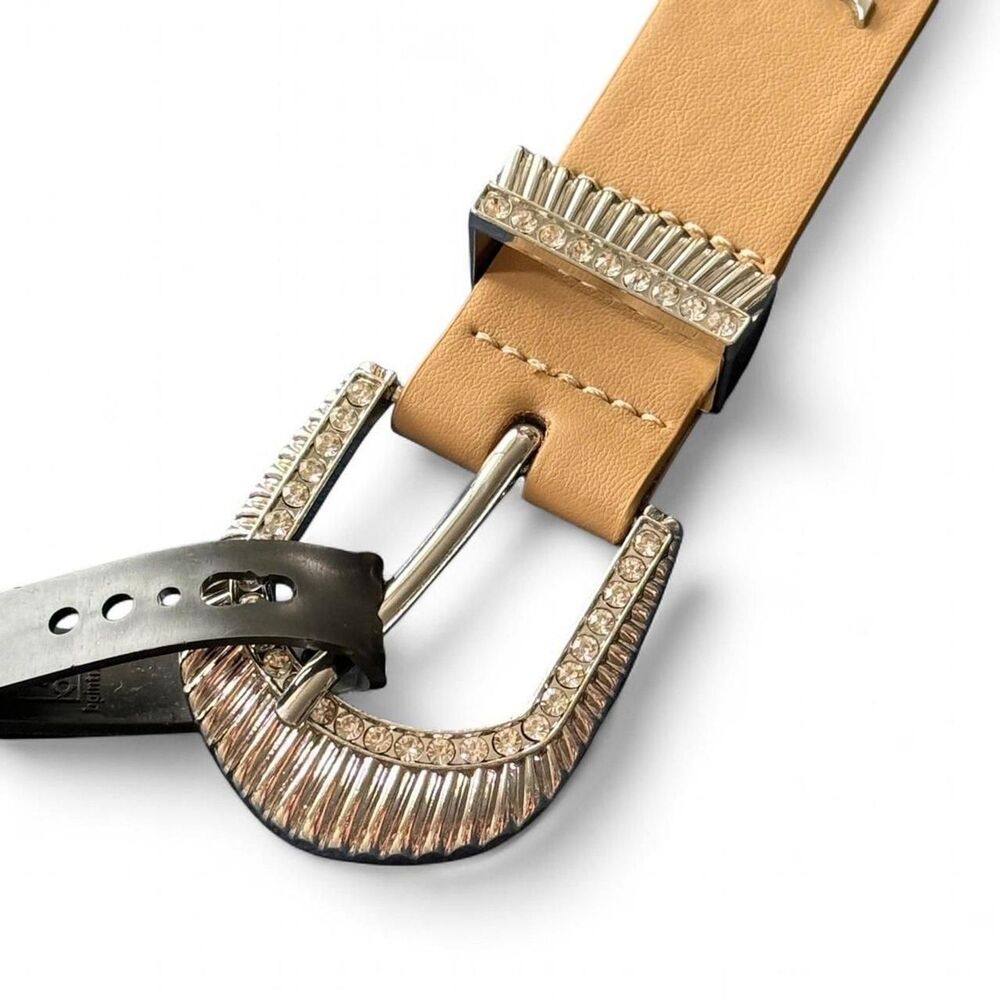 NEW Steve Madden Grunge Rhinestone Tan Belt with Silver Hardware | NWT Mcbling